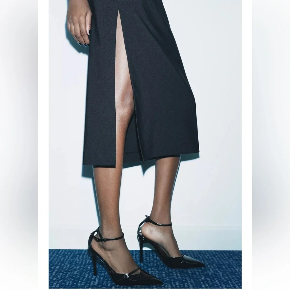 Zara Black Cut Out Midi Dress cotton blend one long sleeve Pleated knot ZW NWT - Picture 7 of 16